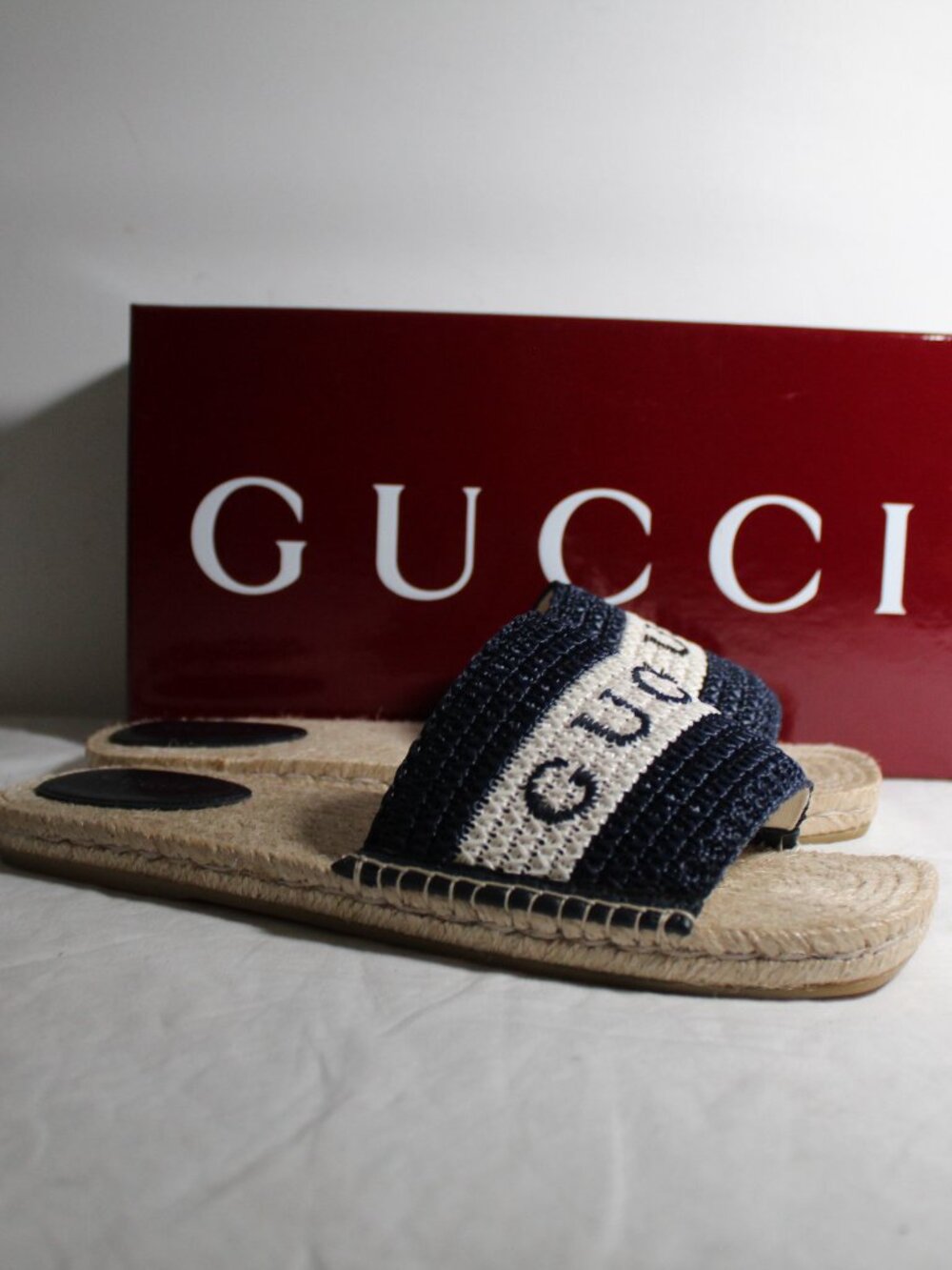 NWB Gucci Macrochet Raffia Logo Flats Slides Espadrille Sandals Blue 40 832456